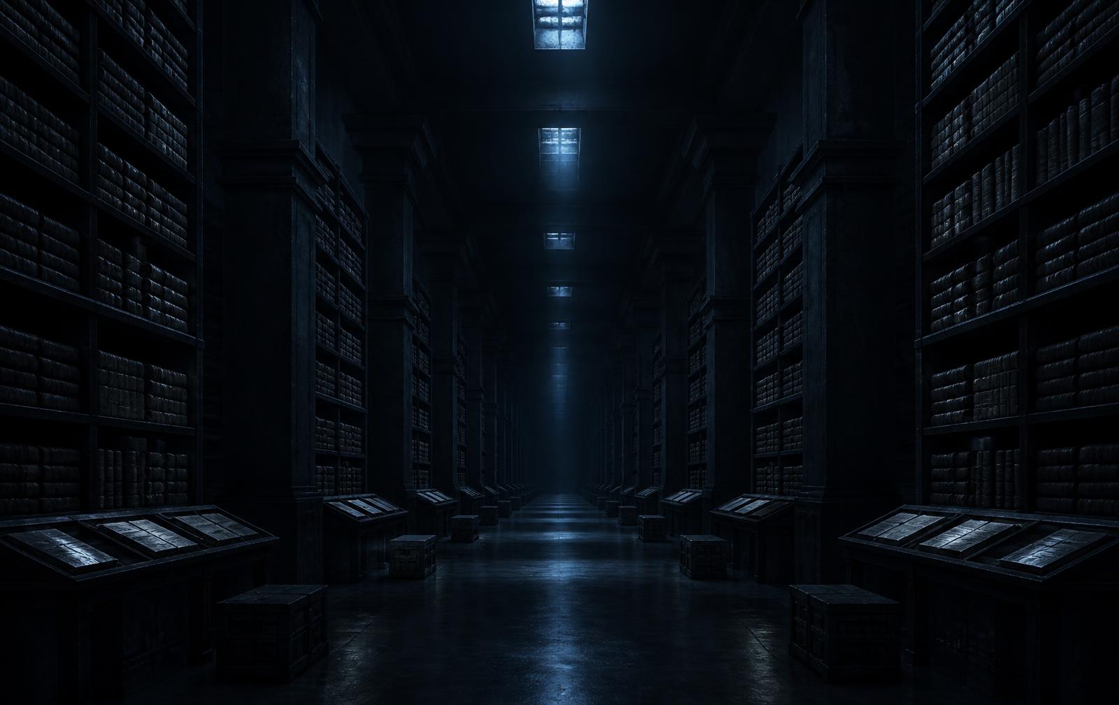 An austere archival hall of stone shelving and ledgers receding into shadow