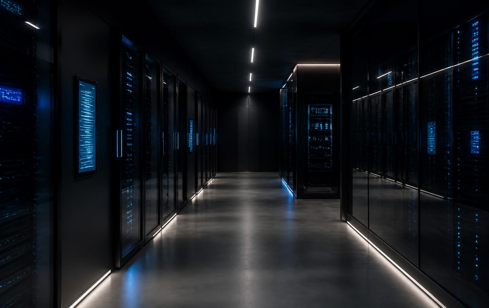 A glass-and-steel compliance records corridor with sealed archival enclosures and slim data displays receding into shadow
