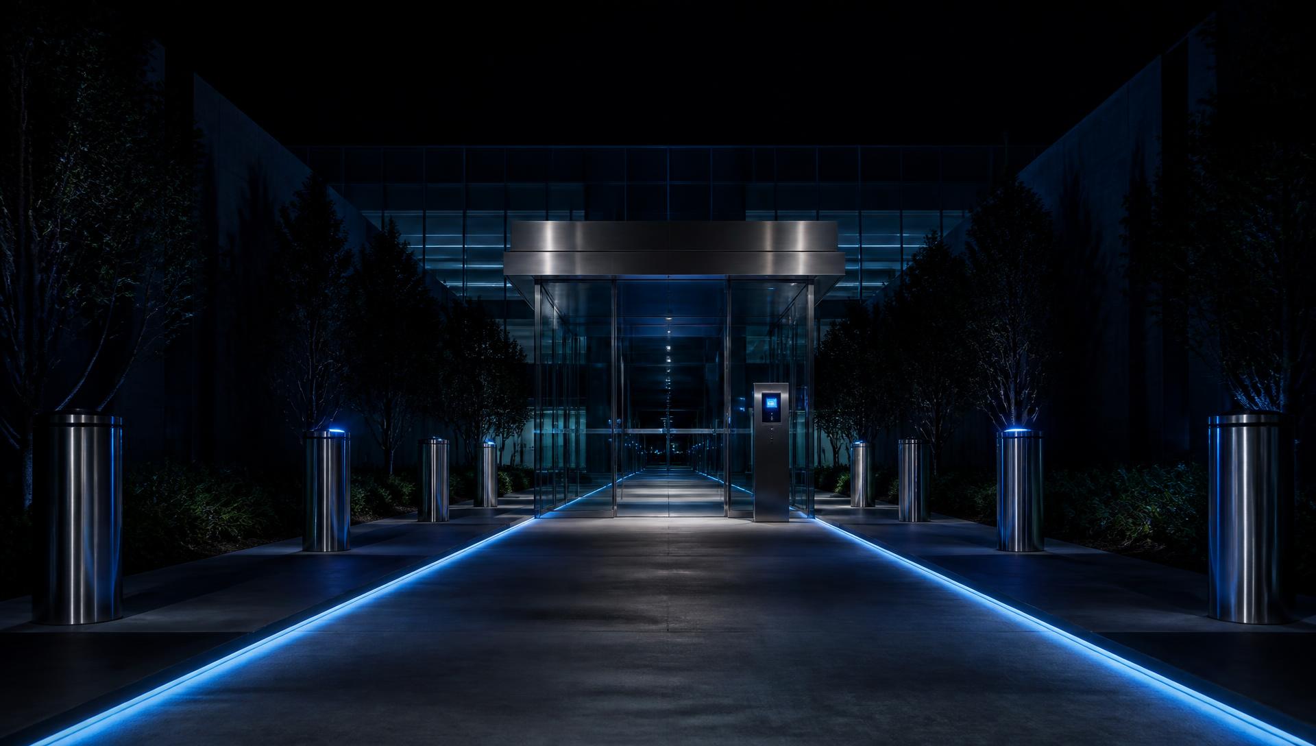 A lit concrete approach corridor with steel bollards leading to a guarded glass entry and badge reader at night
