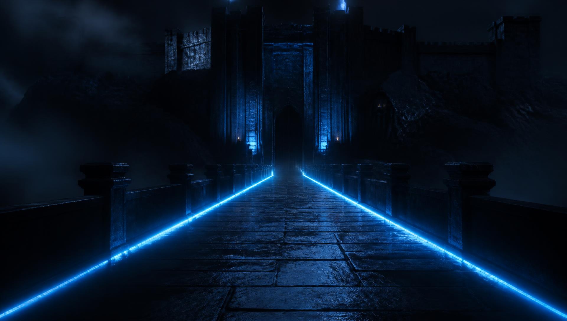 An illuminated stone causeway leading toward a monumental fortress gate at night