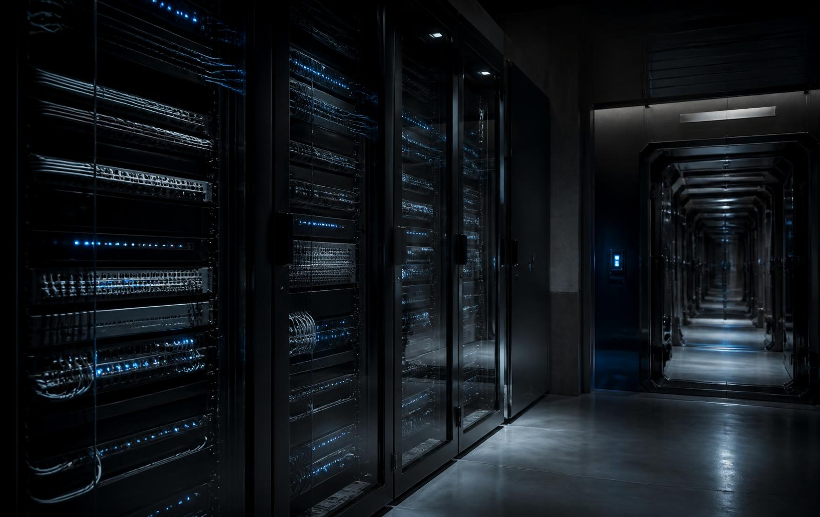 Edge firewall and network appliance racks behind reinforced glass, cold blue indicator light along precisely dressed cabling
