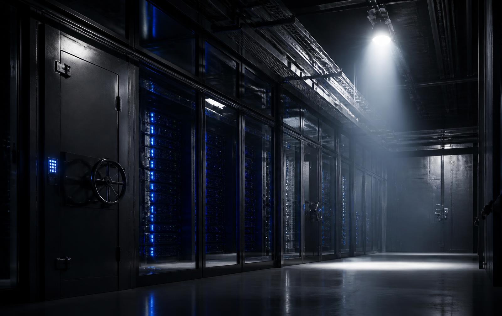 A darkened data hall with a reinforced vault door and racks of glowing drives behind glass under a single overhead light