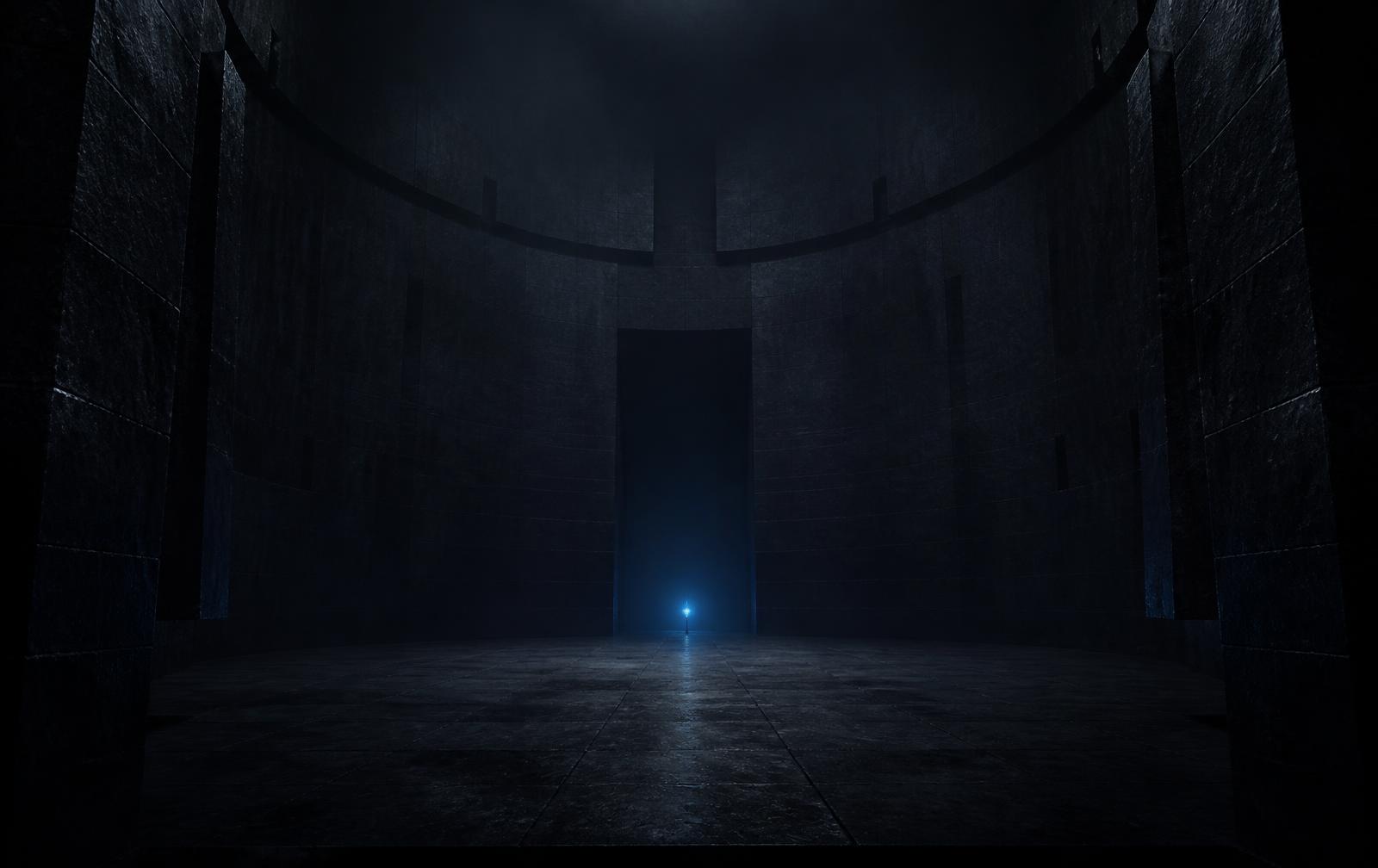 A vast dark stone vault chamber with a single point of blue light at its centre