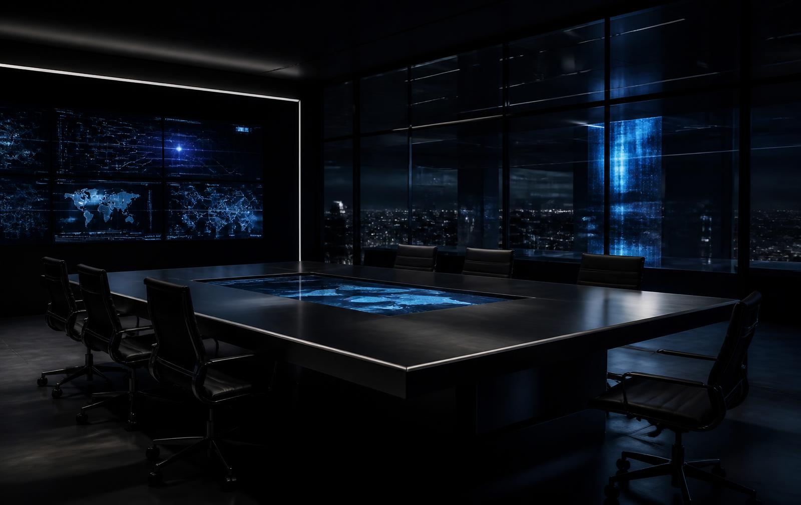 A dark mission-control briefing room with floor-to-ceiling glass and wall displays carrying faint blue schematics
