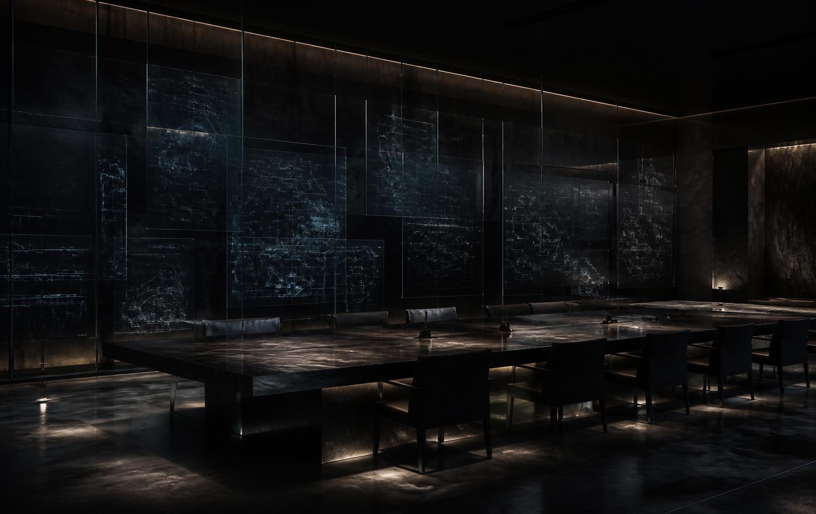 A dark restrained operations room with layered glass panels carrying faint blue schematics