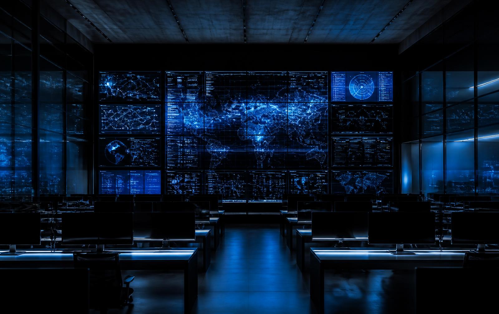 A darkened operations floor facing a wall-sized monitor array of cold blue network telemetry, workstation rows in silhouette
